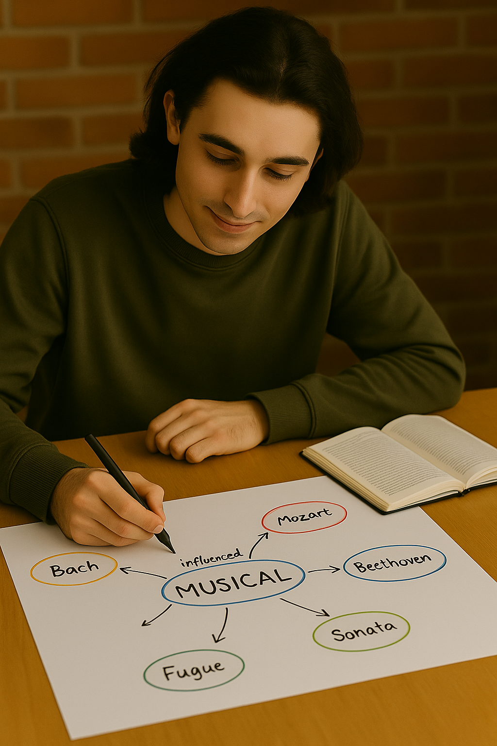 male student making a Mind map showing interconnections between composers and musical forms to strengthen understanding and memory